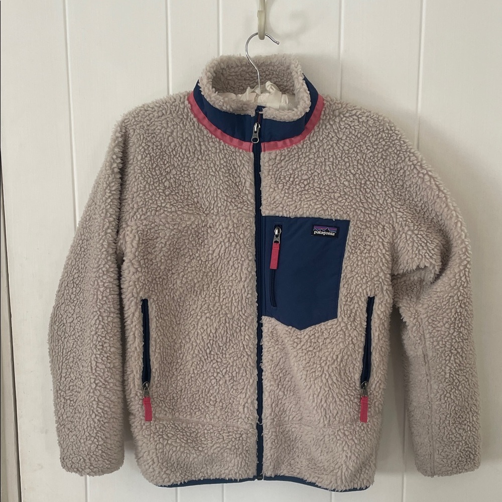 Patagonia Kids Retro-X Fleece Jacket in Cream and Blue, size L